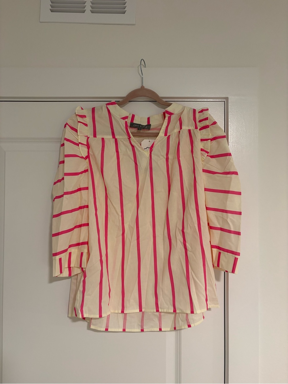 Cream and Pink Striped V-Neck Blouse